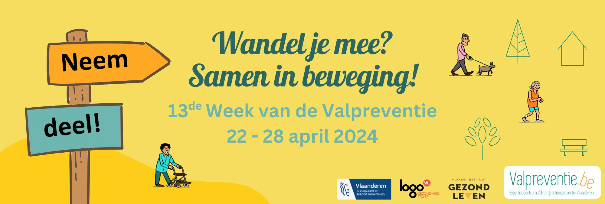 Wandel mee voor de 13e week van de valpreventie, banner met wandelende mensen en sponsors.