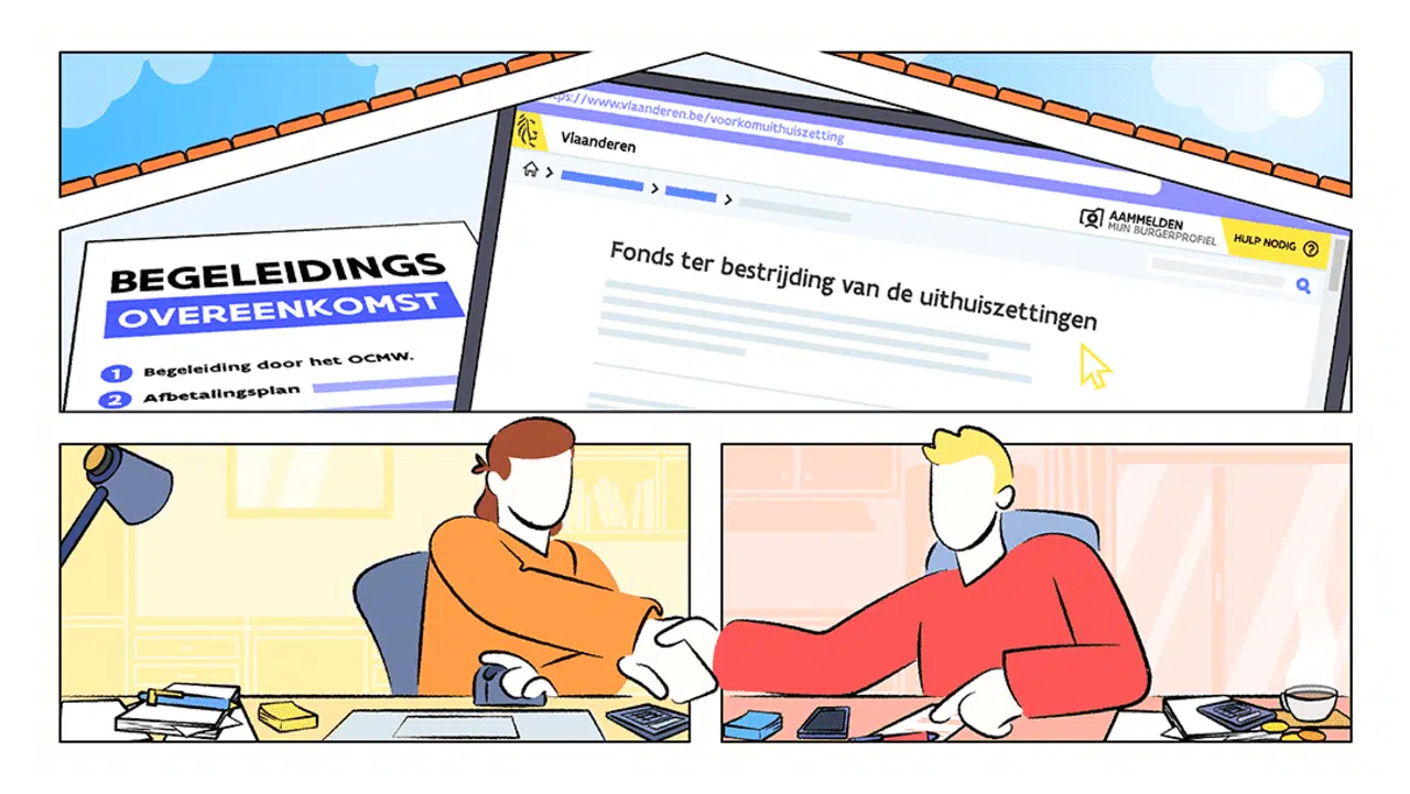Cartoonachtige afbeelding van twee mensen aan een bureau die elkaar de hand schudden. De afbeelding toont een gestijlde screenshot van de website vlaanderen.be over het bestrijden van uithuiszettingen
