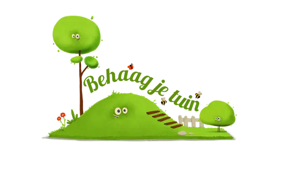 Illustratie van lachende en vrolijke boompjes aan een heuvel met het opschrift "Behaag je tuin"