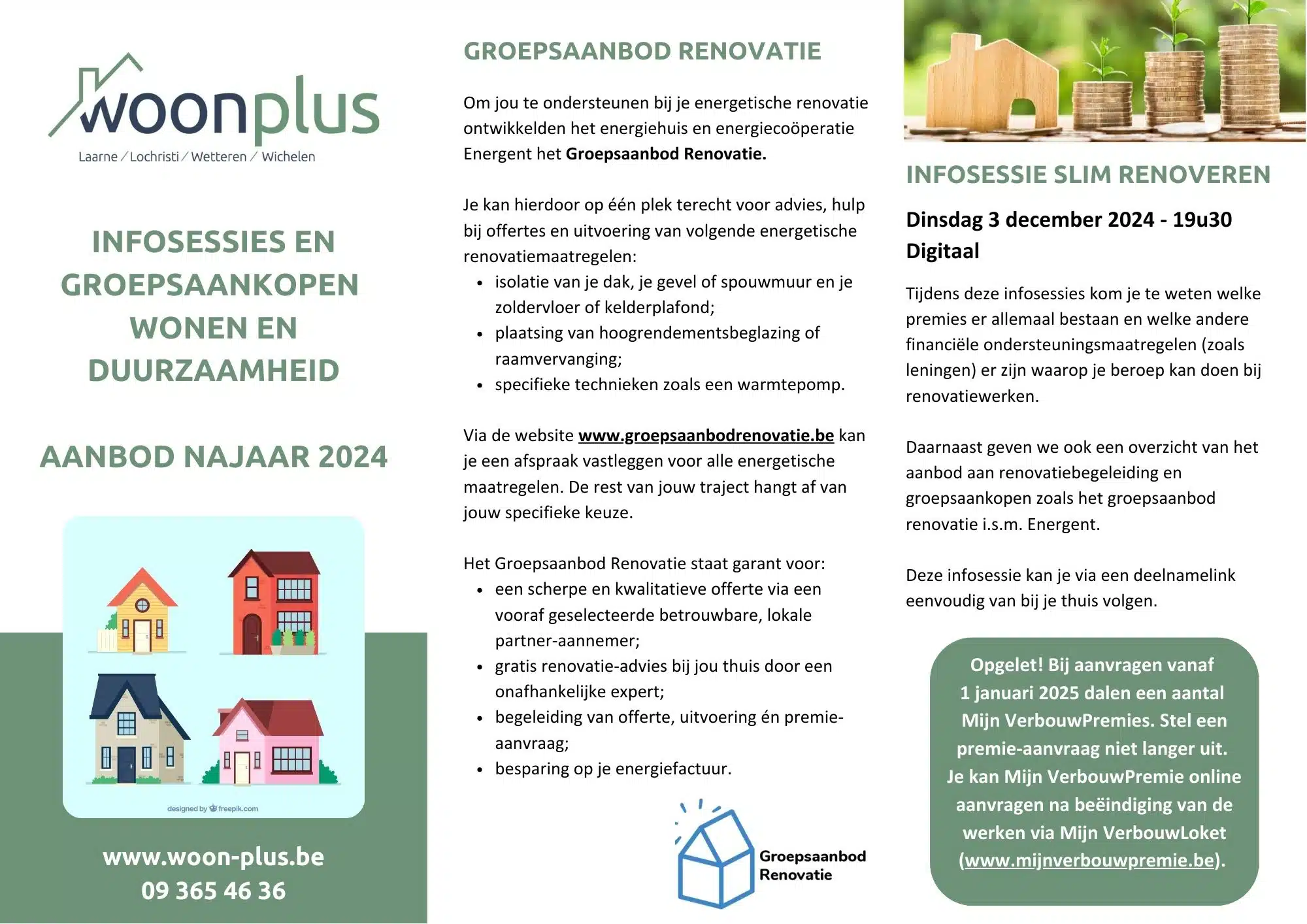 Folder van Woonplus met informatie over energiebesparing en groepsaankopen voor duurzaam wonen.
