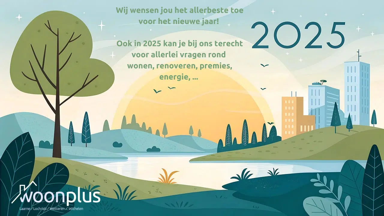 Een illustratie van een stad in een groene omgeving, met niieuwjaarswensen van woonplus