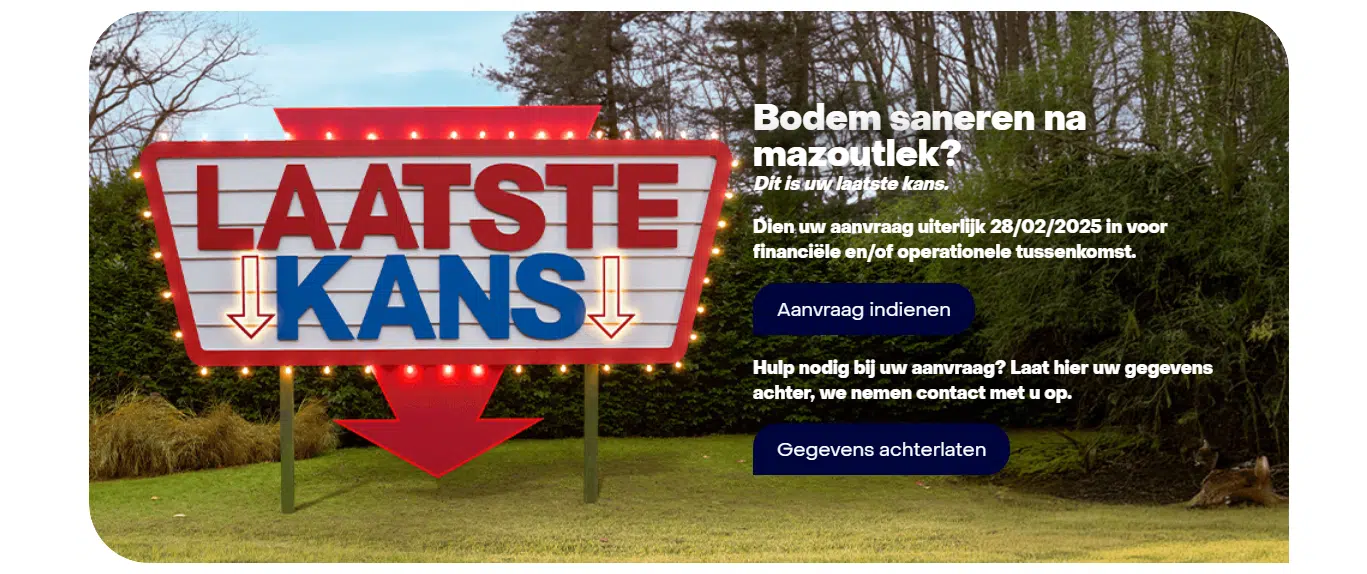 Een bord in een grasveld dat je oproept om een bodemsanering na mazoutlek aan te vragen