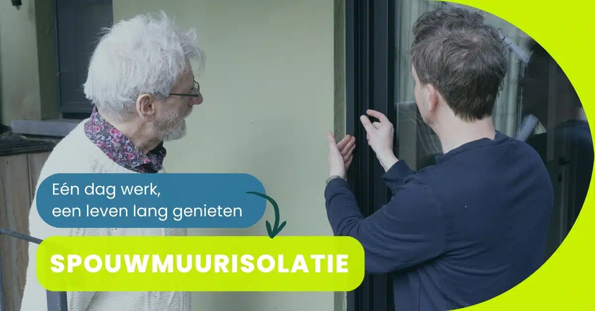 Twee mensen kijken naar een spouwmuur - "Eén dag werk, een leven lang genieten. spouwmuurisolatie.be"