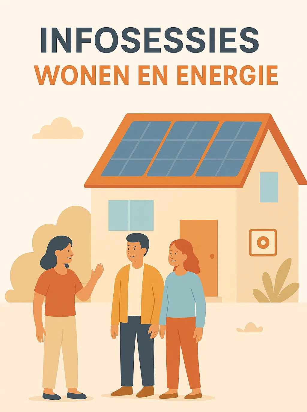 Illustratie van mensen voor een woning met zonnepanelen "Infosessies wonen en energie"