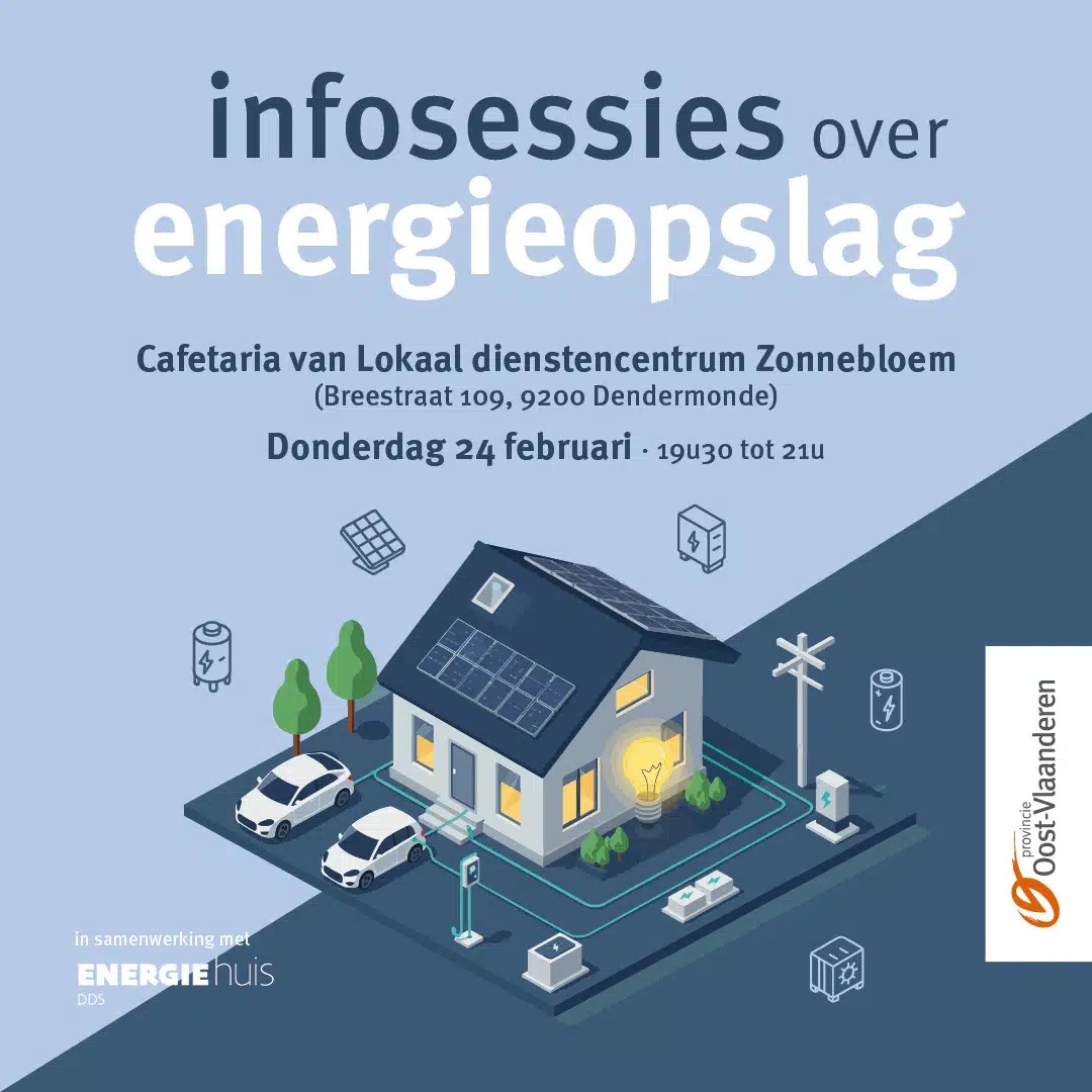 Infosessie energieopslag poster met huis, zonnepanelen, batterijen en elektrische auto's - 24 februari Dendermonde