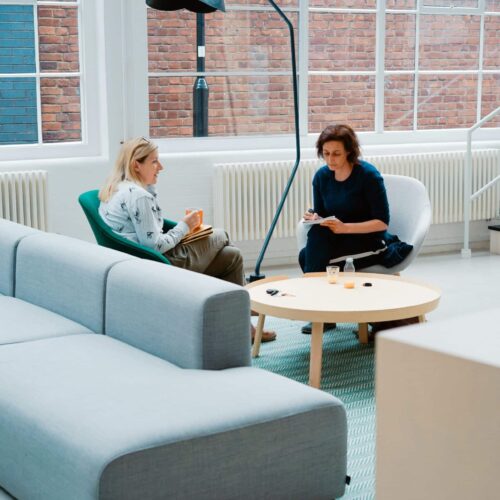 toa-heftiba-4xe-yVFJCvw-unsplash Twee vrouwen in gesprek over woonadvies in een moderne, lichte ruimte met blauwe bank en grote ramen